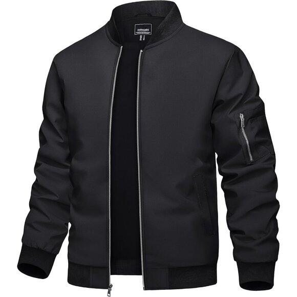 Men's Black Bomber Jacket with Zip-Up Front and Utility Sleeve Pocket - Picture 1 of 7